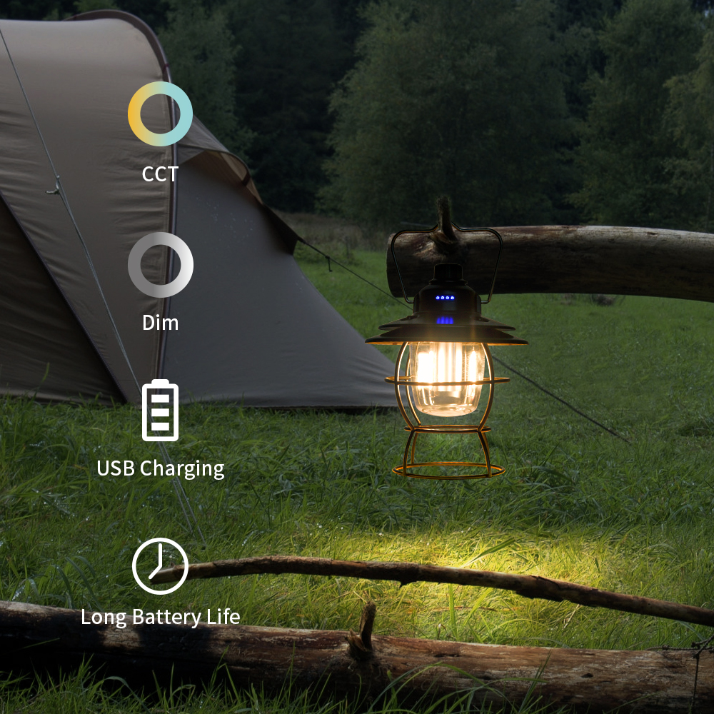 CAM1350 LED Camping Light Lanternes extérieures rechargeables vintage étanches avec trois luminosités à intensité variable (5)