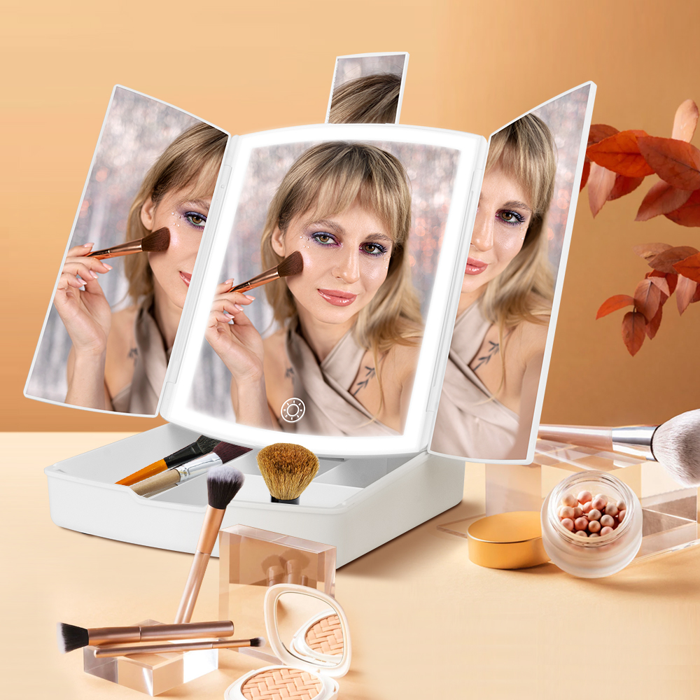 DEC2089 Mirall de maquillatge regulable de tríptics portàtils amb llum de mirall amb control tàctil i funcions d'ampliació (6)