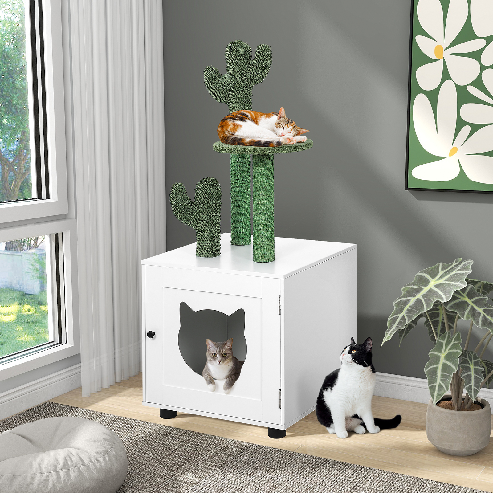 PF002-WH-X Multi-aikin Cat Litter Cabinet tare da Cat Scratching Pole3