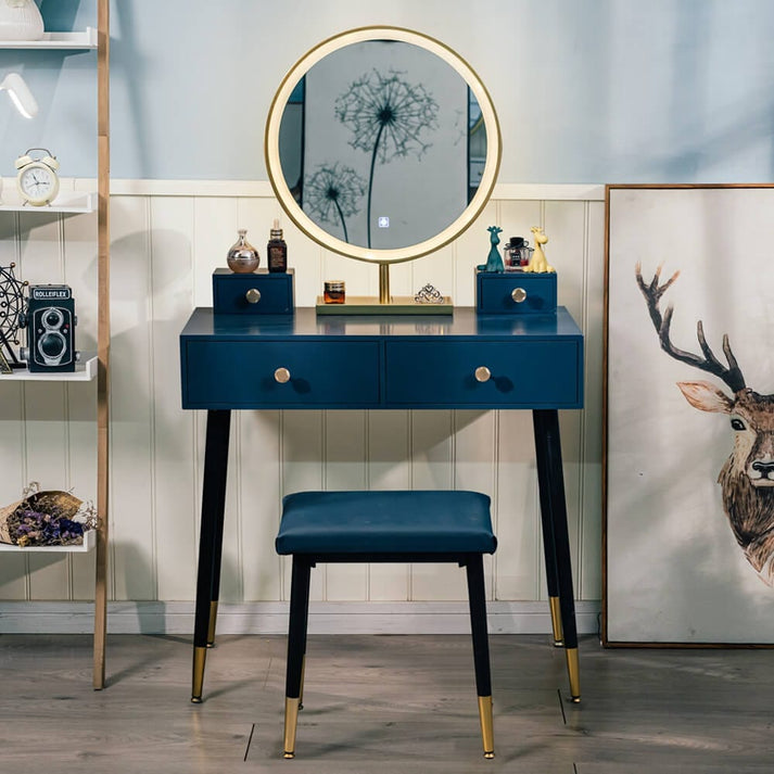 US-HW1178 PULUOMIS Blue Dressing Table with PU Cushion Stool7