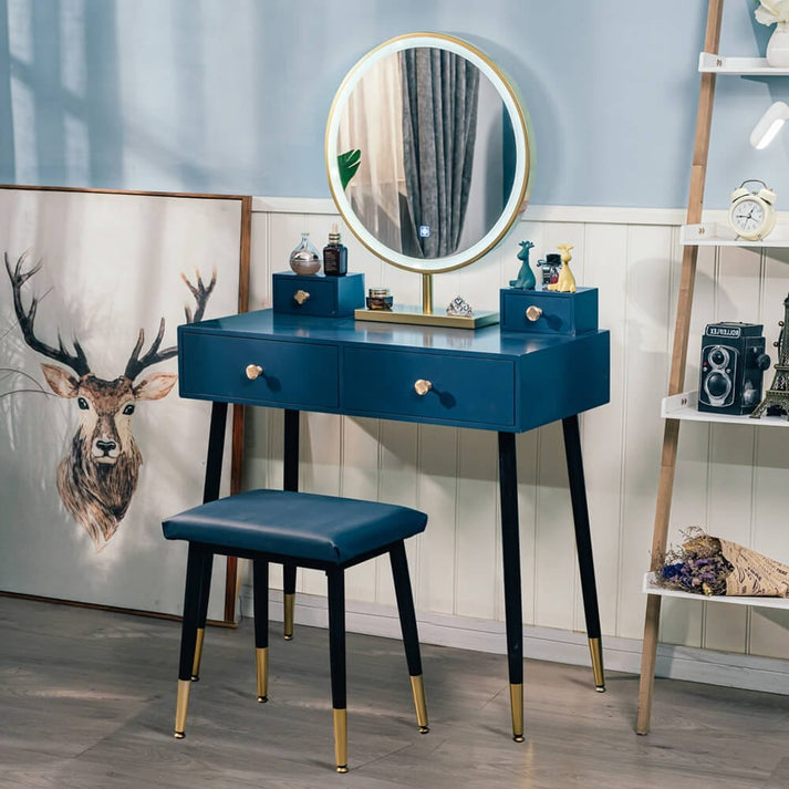 US-HW1178 PULUOMIS Blue Dressing Table with PU Cushion Stool8