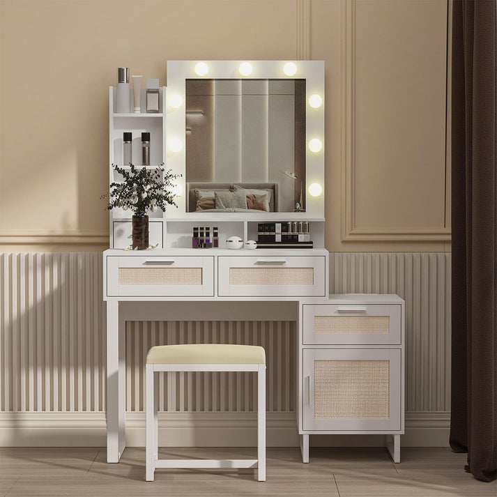 US-IF007-WH PULUOMIS White and Rattan Vanity Table Set8