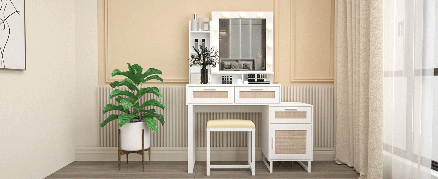 US-IF007-WH PULUOMIS White and Rattan Vanity Table Set9